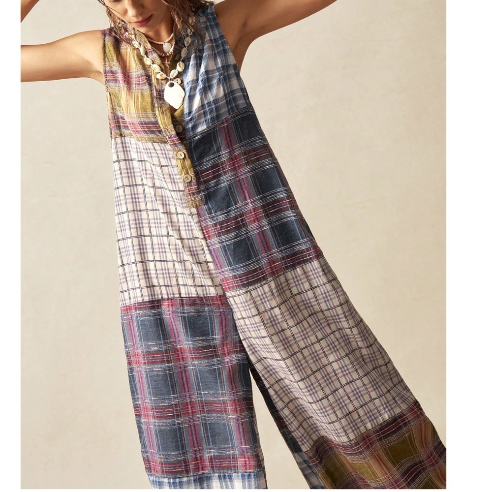 Plus Plaid Print Half Button Sleeveless Wide leg Jumper Jumpsuit - Picture 3 of 6